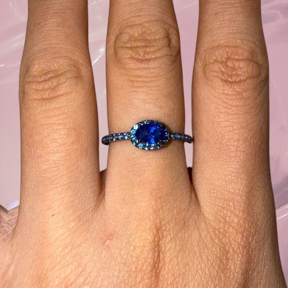 Y2K whimsy goth Blue two tone gemstone ring with halo and pave setting Size 7